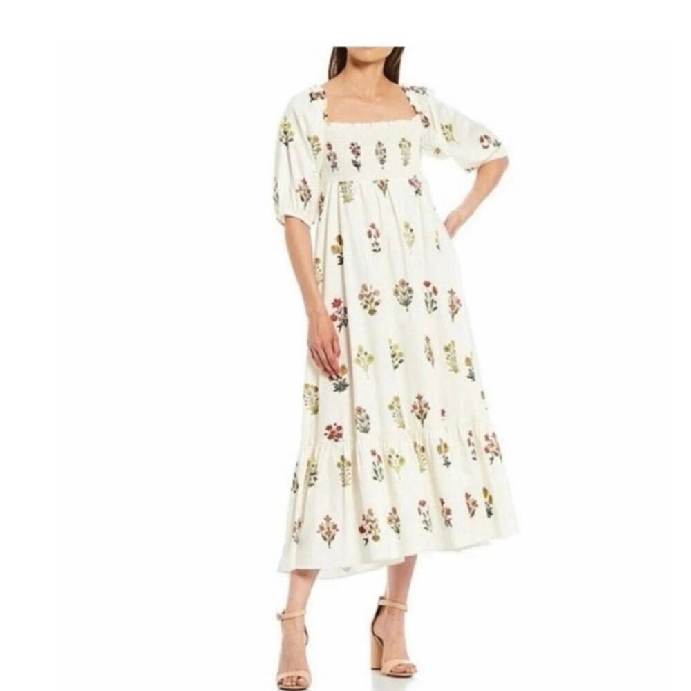 SACHIN & BABI Smocked Maxi Dress Cottage  Floral Off White Flowy Size 12